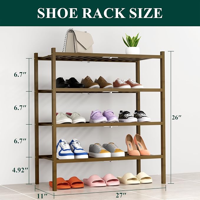 Smiry Bamboo Shoe Rack, 14 Vertical Slats, 4 Tier - 26.8" Wide, Walnut | Stackable Free Standing Wooden Shoe Organizer, Wood Shoe Storage Shelf for Closet, Entryway, Thicher Leg