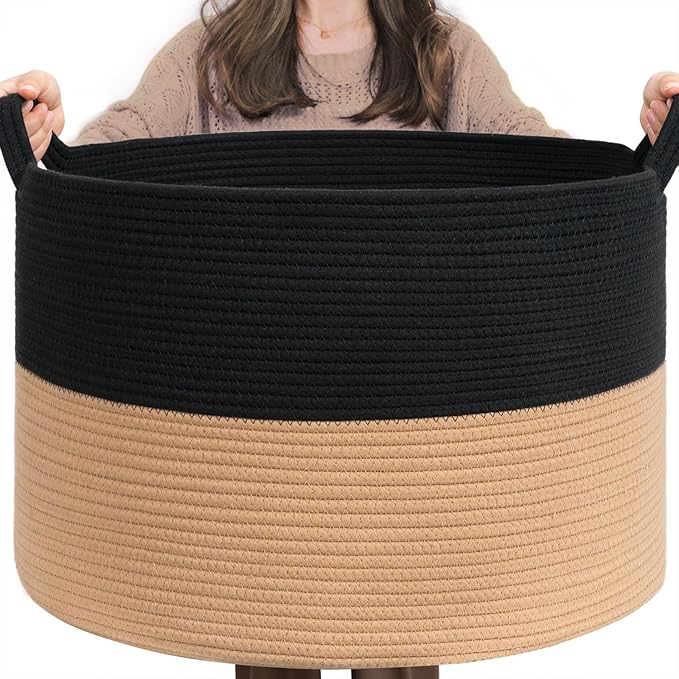 INDRESSME XXXLarge Woven Rope Blanket Basket Living Room Black Camel, 90L | 21.7" x 13.8" Storage baskets for toys laundry & pillows. Fits living room, bedroom or nursery décor. Soft-touch with handles