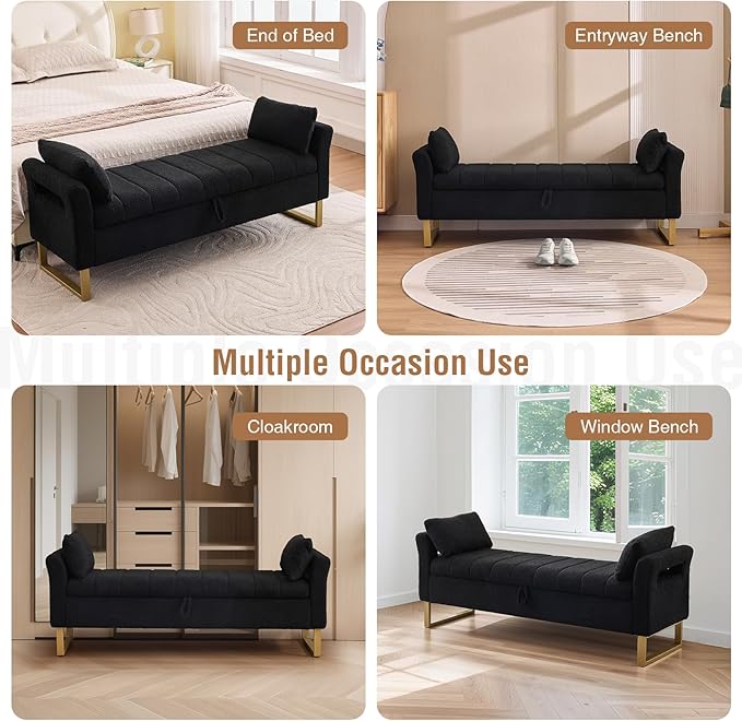 66" Storage Bench for Bedroom Upholstered End of Bed Bench King Size Black | Long Bedroom Benches for Foot of Bed King,Teddy Storage Bed Bench with Gold Legs,2 Pillows for Entryway Windows Cloakroom