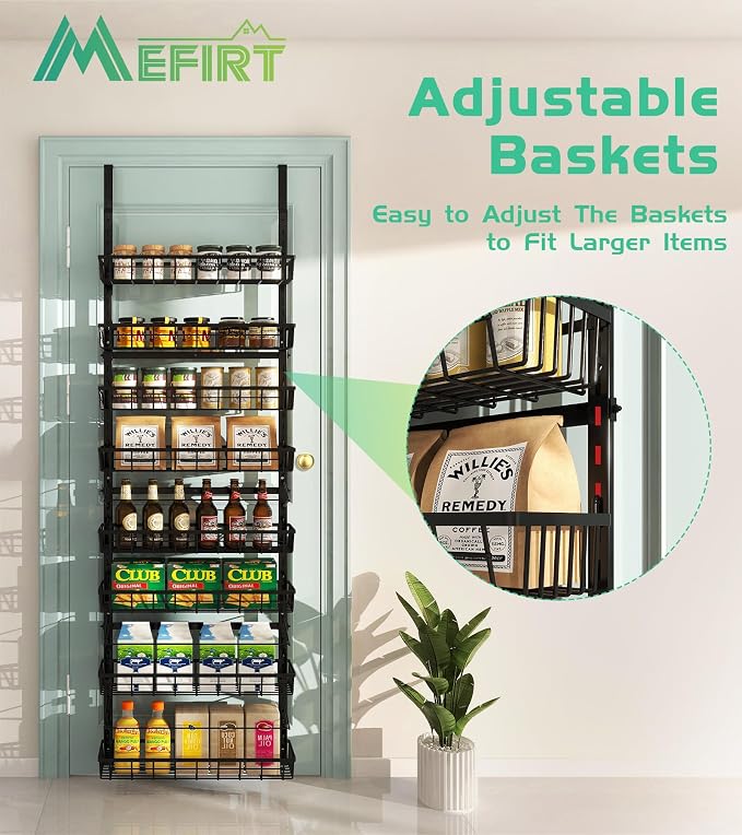 Mefirt Over The Door Pantry Organizer, Wall Mount Spice Rack 8-Tier Black | Pantry Hanging Storage and Organization, Adjustable Baskets Heavy-Duty Metal for Home & Kitchen, Back of Door Seasoning Rack