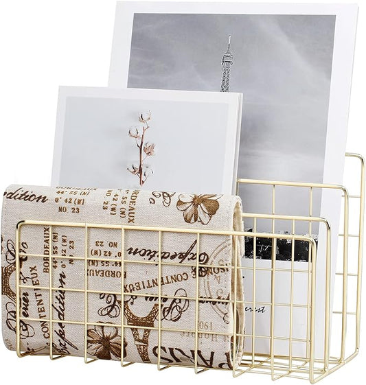 Desktop Mail Organizer File Organizer for Letters 3 Slot, Gold | Metal Wire Mail Sorter Letter Organizer Magazine Rack for Mails, Books, Postcards, Brochures, Mail Holder