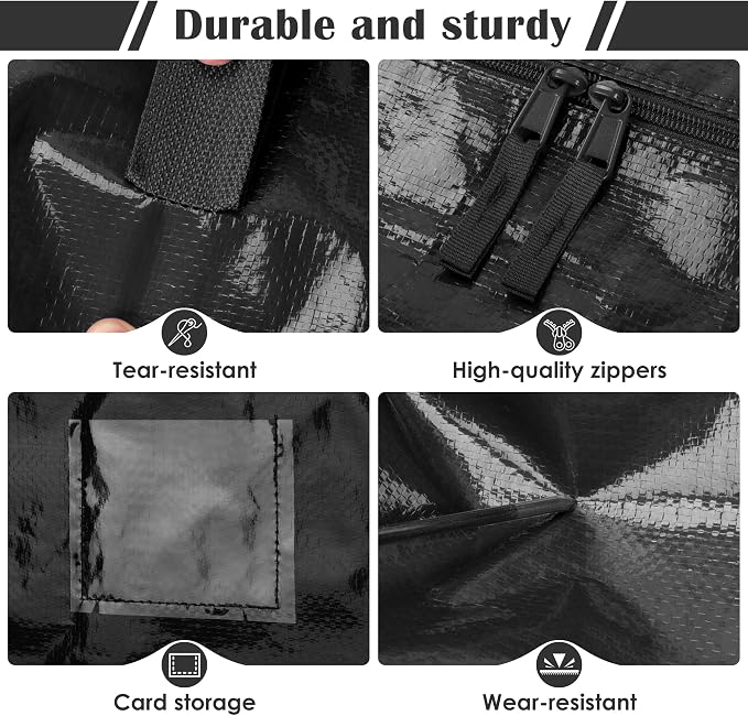 12 Pack Moving Bags with Full-Open Side Zipper, Extra Large 93L Heavy Duty Waterproof Foldable Storage Totes for College Dorm, Moving & Home Organization Black