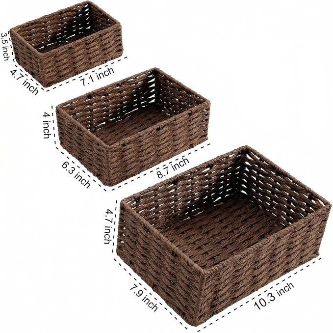 Small Wicker Basket for Organizing, Woven Storage Basket Set of 3 - Handwoven Natural Paper Rope Baskets to Declutter Any Room, Perfect for Organizing and Home Decor (Coffee)