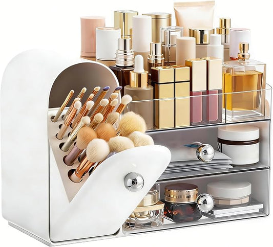 HBlife Makeup Organizer Countertop with Drawers, Vanity Organizers with Brush Holder, Bathroom Counter Organizer for Perfume, Nail Polishes, Lipsticks, Skincare and Eyeshadow Palettes, White Sliver