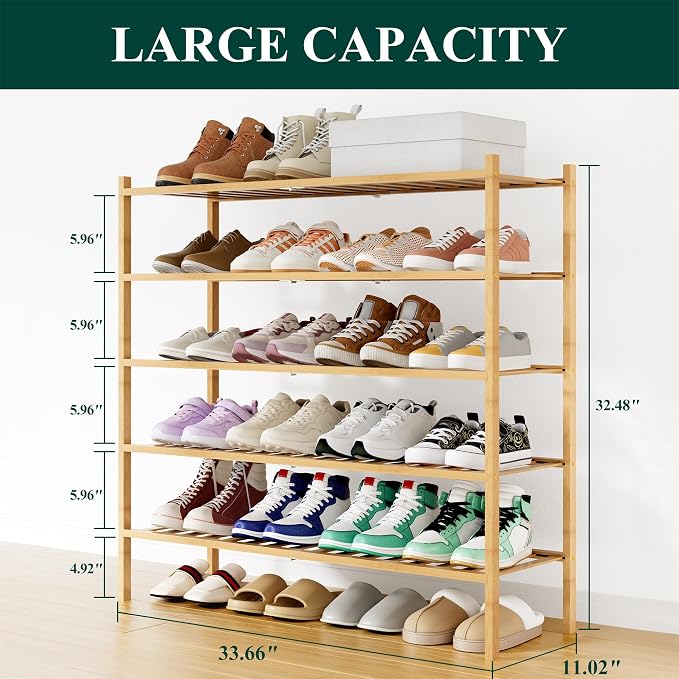 Smiry Bamboo Shoe Rack, 12 Vertical Slats, 5 Tier - 33.7" Wide, Natural | Stackable Free Standing Wooden Shoe Organizer, Wood Shoe Storage Shelf for Closet, Entryway