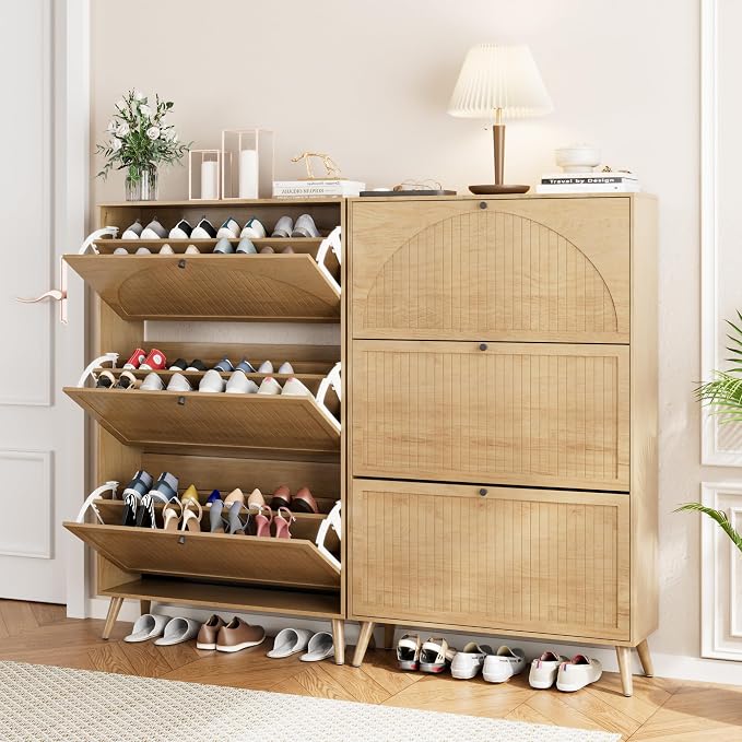 Fsbecl Shoe Storage Cabinet for Entryway with 3 Fluted Flip Drawers, Oak | Narrow Design, Freestanding Shoe Rack with Adjustment Shelves, Wooden Hidden Organizer for Hallway Foyer, 18-24 Pairs