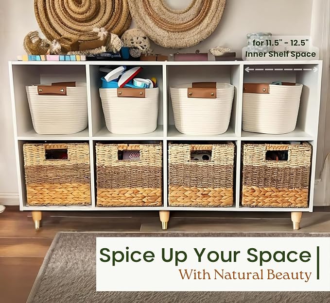 11x11 Wicker Storage Cubes Storage Baskets For Shelves Set 4 | 10.5 x 10.5 Water Hyacinth Storage Baskets Woven With Seagrass, Palm Leaf. Foldable Square Baskets With Carry Handles