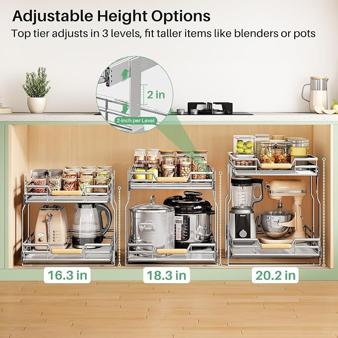Pull out Cabinet Organizer, 2 Tiers 17"W X 21"D, Heavy Duty Smooth Sliding Under Cabinet Shelves for Pots and Pans, Full-Extension Roll out Drawers, Slide out Organization for Home Kitchen Pantry