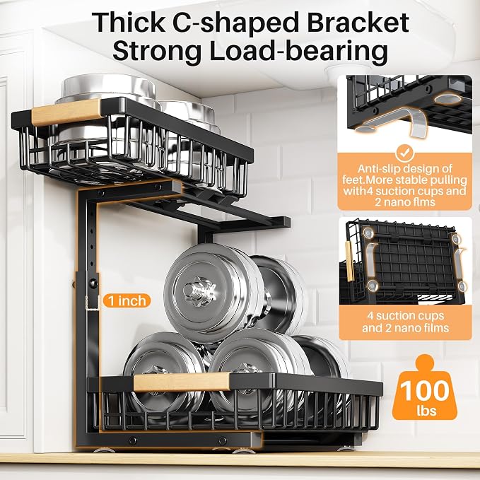 PXRACK Under Sink Organizer, Adjustable Height, 2 Tier Pull Out Under Cabinet Organizer, Slide Out Thickened Metal Under Sink Storage for Kitchen Bathroom Laundry Pantry Cabinet, Black, Large-1-Pack