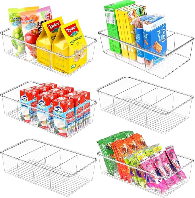 ZIZOTI Snack Organizer for Pantry Shelf, 6 Pack Clear Plastic Pantry Storage Bins with 3 Dividers for Snacks, Spices, Chips Food Organizer, Stackable Pantry Organizers for Kitchen, Fridge, Cabinet