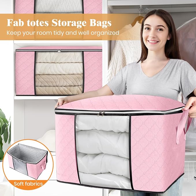 Fab totes 24 Gallons Clothes Storage, Foldable Thick Fabric Blanket Storage Bags, Containers for Organizing Bedroom, Closet, Clothing, Comforter, Organization with Handle (3 Pack,Pink)