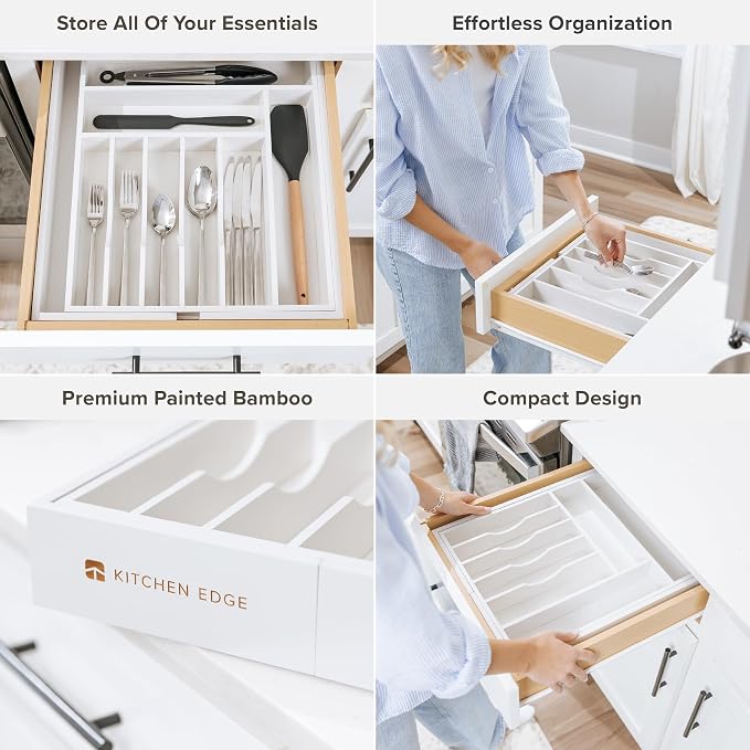 KitchenEdge Silverware & Utensil Drawer Organizer, 14.5-25 in, White Bamboo | Cutlery, flatware, food-safe contract grade, kitchen drawer fit