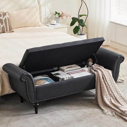 Storage Ottoman Bench, 64" Faux Leather End of Bed Bench, Black | Tufted Button Window Bench with Safety Hinge Hidden Storage Space Faux Leather Ottoman Bench for Bedroom Living Room Entryway
