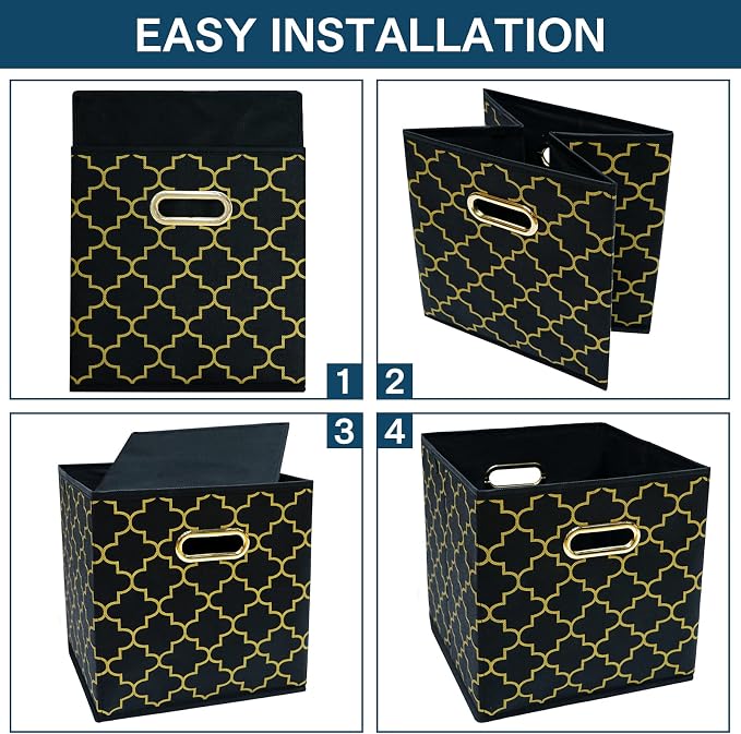 Fabric storage bins Cubes, Fabric Cube Organizer with Handle, Foldable Cube Bins for Cloth or Accessary Storage, 11x11x11, Set of 3, (Black Gold)
