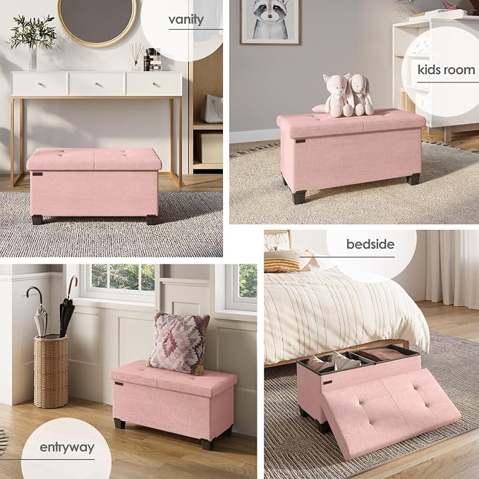 Storage Ottoman Bench with Bins, 30-in Storage Bench for Bedroom End of Bed, Folding Foot Rest Ottoman for Living Room Max 660lbs, Fabric Ottomans, Pink