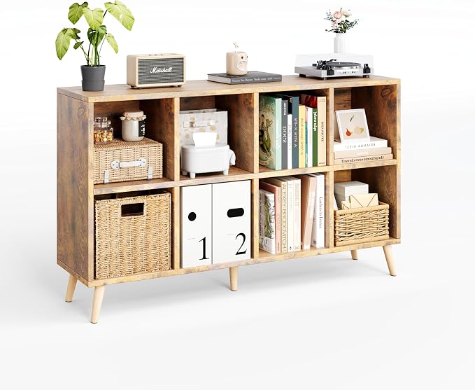 8-Cube Bookshelf 2 Tier Retro Bookcase with Legs, 11in Shelf Opening, 47" Wood Bookshelves Storage Organizer Shelf, Freestanding Open Book Shelves for Bedroom Living Room Office, Vintage Brown