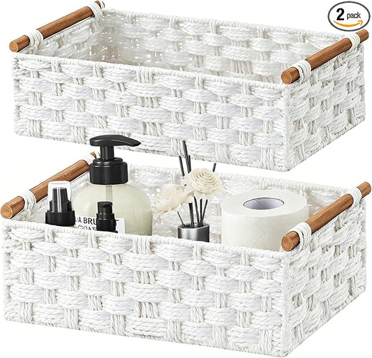 Vagusicc Wicker Storage Basket, Set of 2 Hand-Woven Paper Rope Wicker Basket for Organizing with Handle Decorative Storage Bins for Counter Pantry Shelves Toilet Paper Basket for Toilet Tank Top,White