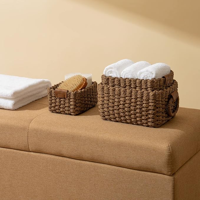 LA JOLIE MUSE Small Wicker Baskets For Organizing, Paper Rope, Brown 3 Pk | Decorative Organizer with Vegan Leather Tag, Round Handle, Storage Baskets for Shelves, Bedroom, Kitchen, Office and Home