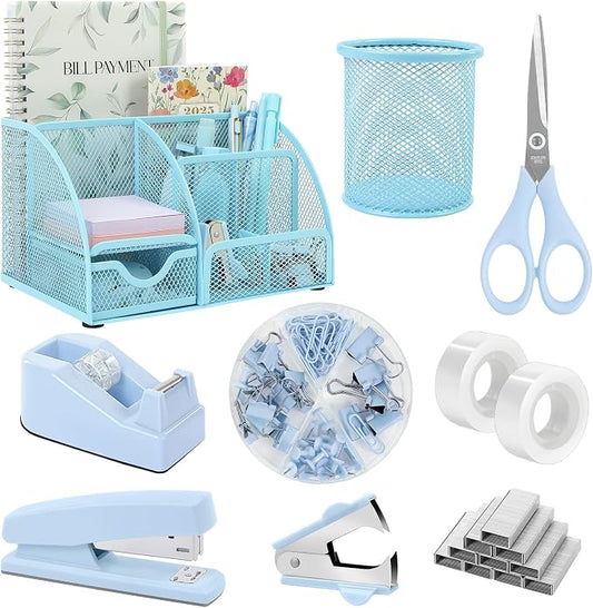 SKYDUE Blue Office Supplies Set, Office Desk Accessories, Mesh Desk Organizer, Stapler, Tape Dispenser, Scissors, Binder/Paper Clips and 1000pcs Staples, Office Supplies for Teacher, Gifts