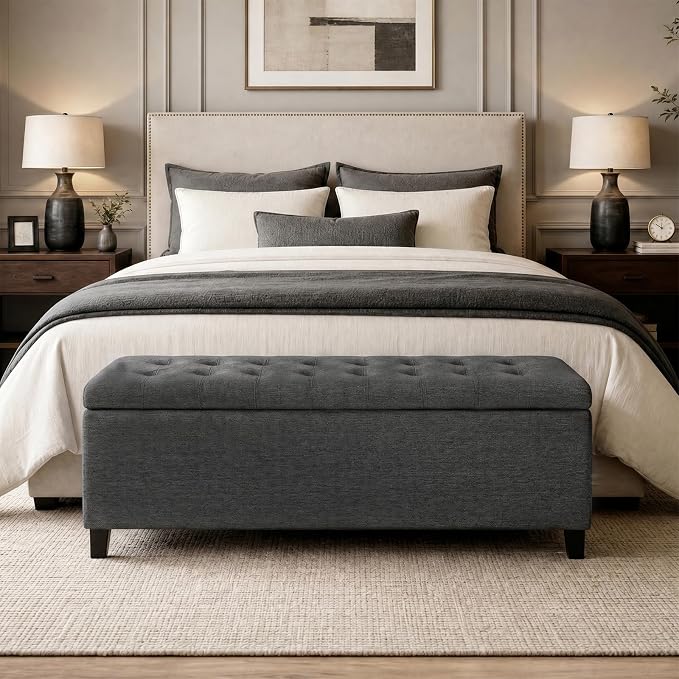 Madison Park 49" Upholstered Storage Bench, Button Tufted End of Bed Bench with Storage, Dual Spring Soft-Close Lid, Bedroom Bench for Queen King Bed, Entryway Living Room, Charcoal