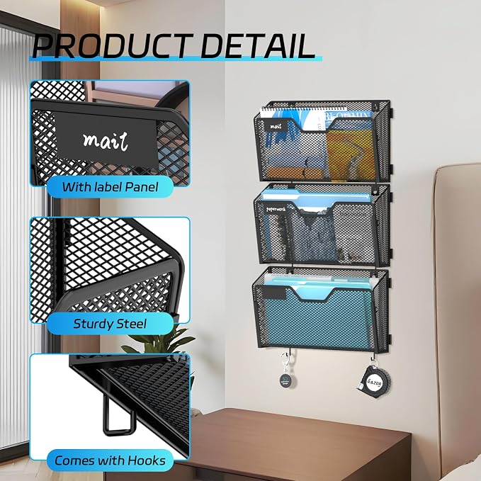 SUPEASY 6-Pack Wall File Holder and Wall File Organizer with Hooks, Black | Wall File Organizer and Wall Organizer with 6 Letter-Size Pockets, Label Panels and Hooks for Offices Homes and Classrooms