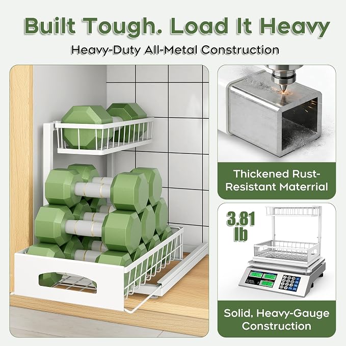 Under Sink Organizer, 2 Pack Cabinet Organizer for Kitchen, Height Adjustable Pull Out Heavy Duty 2 Tier Metal Under Sink Storage for Bathroom Pantry (White, 2 Pack)