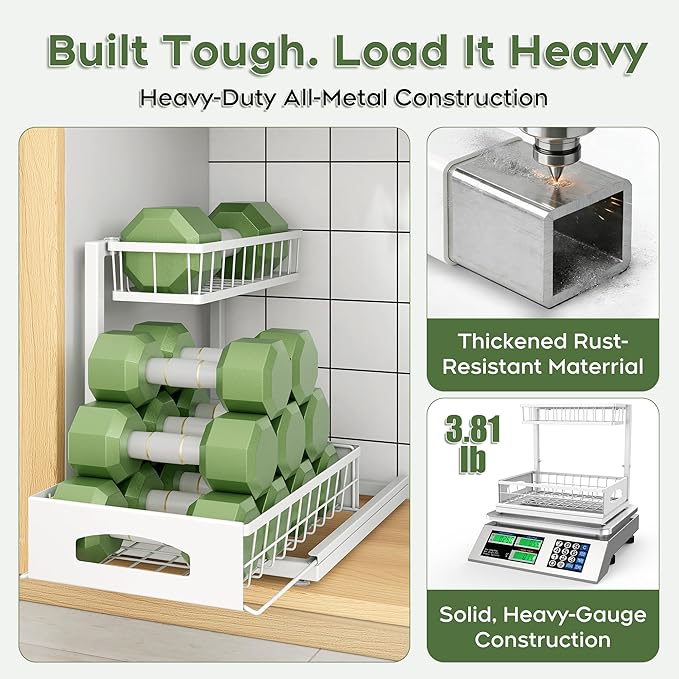 Under Sink Organizer, Cabinet Organizer for Kitchen, Height Adjustable Pull Out Heavy Duty 2 Tier Metal Under Sink Storage for Bathroom Pantry (White, 1 Pack)