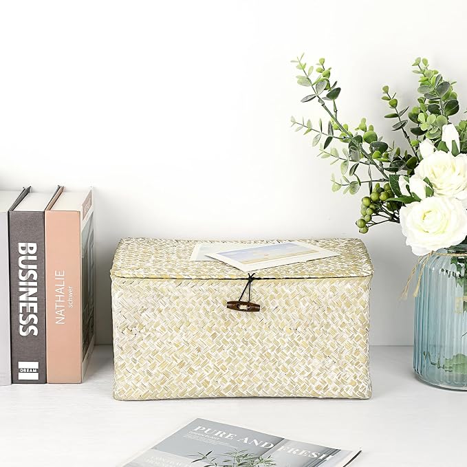 Hipiwe Seagrass Storage Basket Bins with Lid Handwoven Wicker Shelf Baskets | Rectangular Basket Household Organizer Boxes for Shelf Closet Bedroom Home Decor, Whitewash Medium