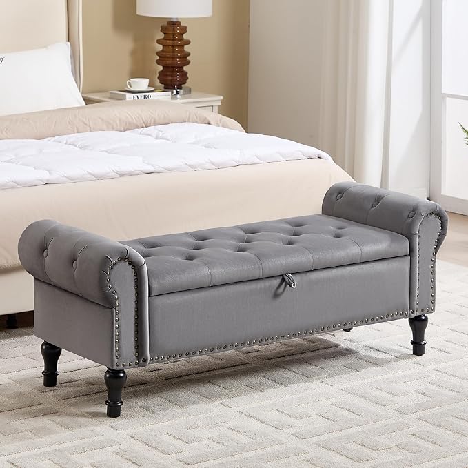 51" Storage Bench for Bedroom, Velvet End of Bed Bench, Queen Size Bench with Rolled Arms, Tufted Storage Ottoman Benches, Upholstered Bench for Bedroom, Living Room, Entryway, Grey