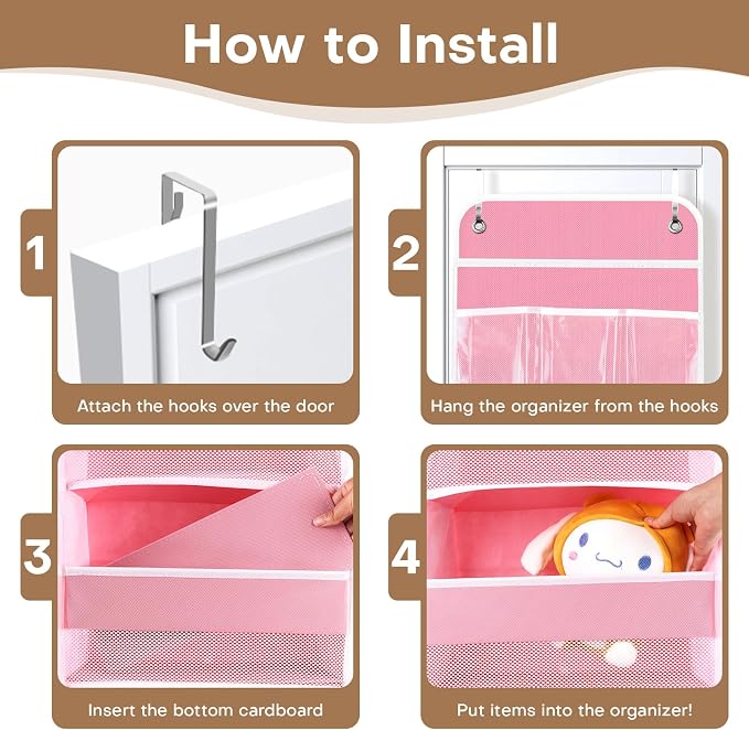 Over the Door Organizer, Large Pocket Hanging Storage with 40lb Capacity | Space Saving Door Storage for Nursery, Bathroom, Bedroom and Closet, Baby Essentials and Toiletry Organizer, Pink