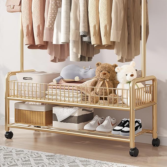 MYUPDALIN Clothes Rack with Shelves, Clothing Rack with Wheels, Multifunctional Hangers with Storage Baskets and Shoe Racks, Ideal for Bedrooms and Living Rooms (Gold, Bold 90cm/35in)