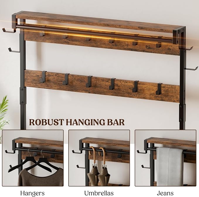 Coat Rack, 39.4” Hall Tree with Shoe Storage Bench, Rustic Brown | 5 in 1 Entryway Furniture Organizer, 21 Hooks, 2 Fabric Drawers, Handy Clothes Rail