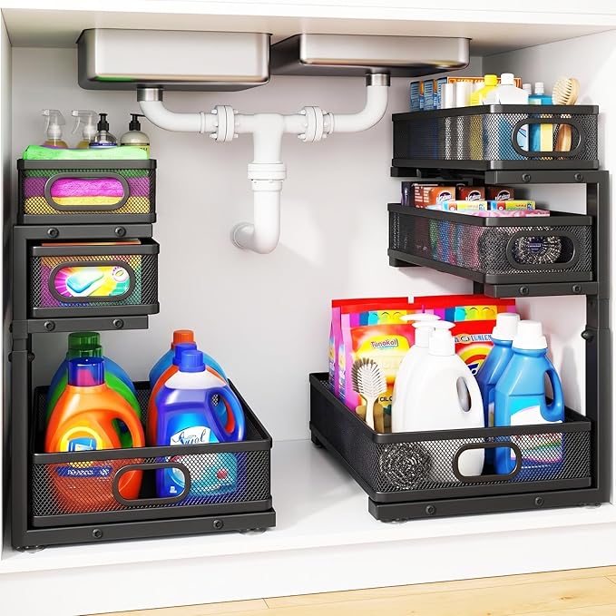Under Sink Organizer, 3 Tier Pull Out Cabinet Organizer with 5 Adjustable Heights, Metal Under Sink Storage with Sliding Drawers for Kitchen, Bathroom, Pantry and Laundry Room, 2-Pack Black