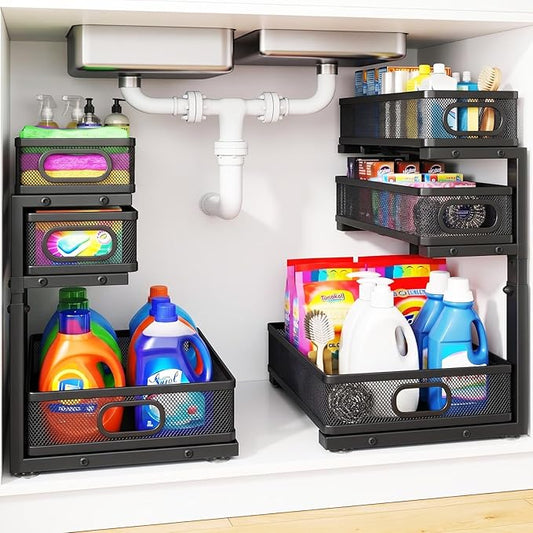 Under Sink Organizer, 3 Tier Pull Out Cabinet Organizer with 5 Adjustable Heights, Metal Under Sink Storage with Sliding Drawers for Kitchen, Bathroom, Pantry and Laundry Room, 2-Pack Black
