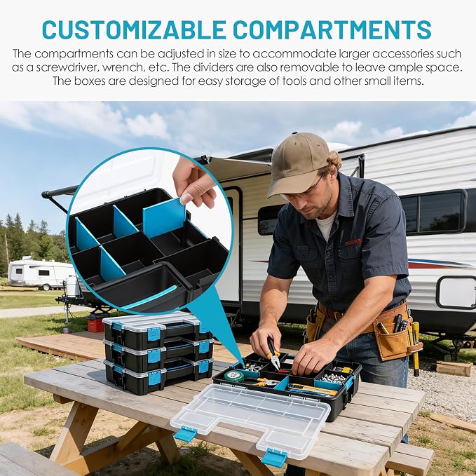 famuka Tool Storage Boxes 3-Pack Small Parts Organizers (Blue) | 10 Compartments with Removable Divides