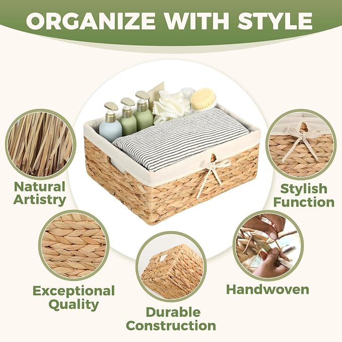 Wicker Shelf Storage Baskets for Organizing - Natural Water Hyacinth Woven Basket Organizers & Storage for Shelves w/Handles & Cotton Liner for Home & Pantry Decor Organization, Large 15” x 12” x 6”