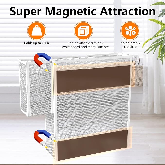 Magnetic File Holder, Magnetic File Organizer Wall Mount, 5 Tier Hanging Mail Organizer Folder Holder, Mesh Desk Accessories and Organizers, Paper Document Magazine Rack with 3 Pen Holder