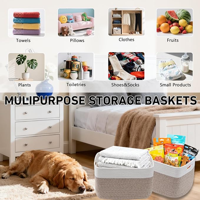 3 Pack Woven Baskets,Storage Baskets for Shelves with Handles | 13.5"×11"×9.5" Closet Baskets, Nursery Organizer for Toys Towels Books, Storage Bin for Living Room Bedroom (White&Brown)
