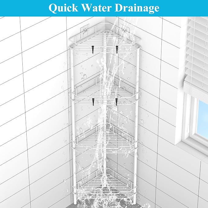 HuggieGems 4 Tier Floor Standing Corner Shower Caddy Organizer Shelf with Hooks, Bathroom Shelves Stand Rack, White