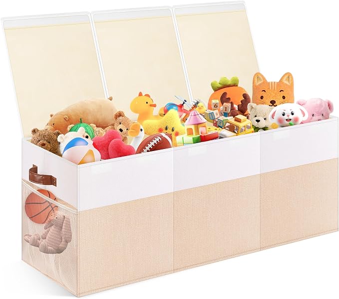 Extra Large Toy Storage Box with Lid, Collapsible Sturdy Toy Chest Storage Organizer Bin Basket with Divider for Kids, Boys, Girls, Closet, Playroom, Bedroom, Nursery, 40"X14"X16", Beige & White | Sturdy Kids Toys Bin with 2 Mesh Pockets and Dividers f...