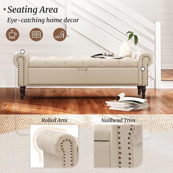 Storage Bench Ottoman, 61" Long King Linen Rolled Arm Bedroom End of Bed Bench, Window Bench with Button Tufted and Nailhead Trim for Foot of Bed Bench, Bedroom, Entryway, Living Room, Wheat