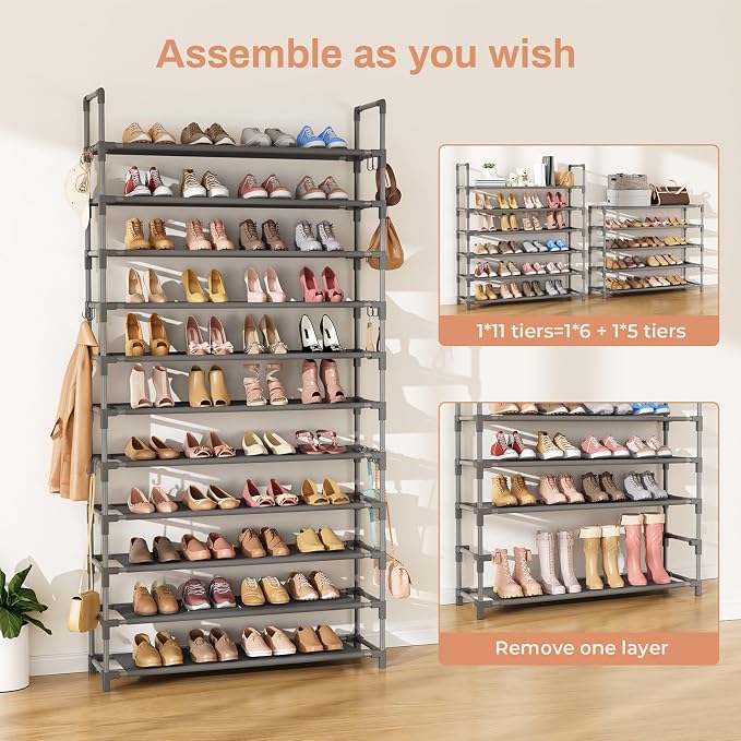 LANTEFUL 11 Tiers Tall Shoe Rack Holds 55 Pairs of Shoes with 18pcs Hooks Sturdy Wide Shoe Organizer Storage Free Standing Metal Shoe Shelf for Closet, Entryway Grey