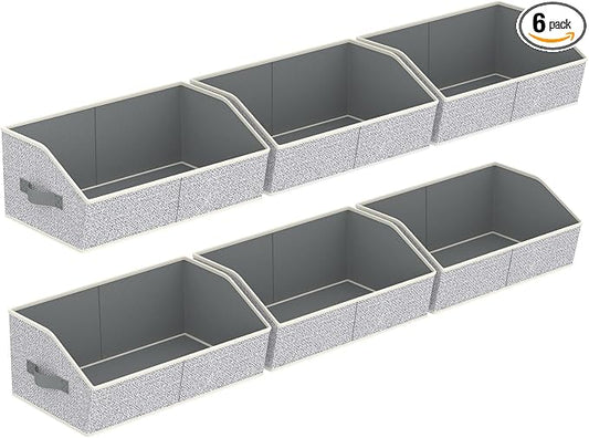 Homsorout Storage Bins for Shelves - Large Trapezoid Closet Shelf Organizer, Fabric Organization Bins with Handles, Storage Baskets for Clothes, Towel, Purse, 6 Pack, Light Gray