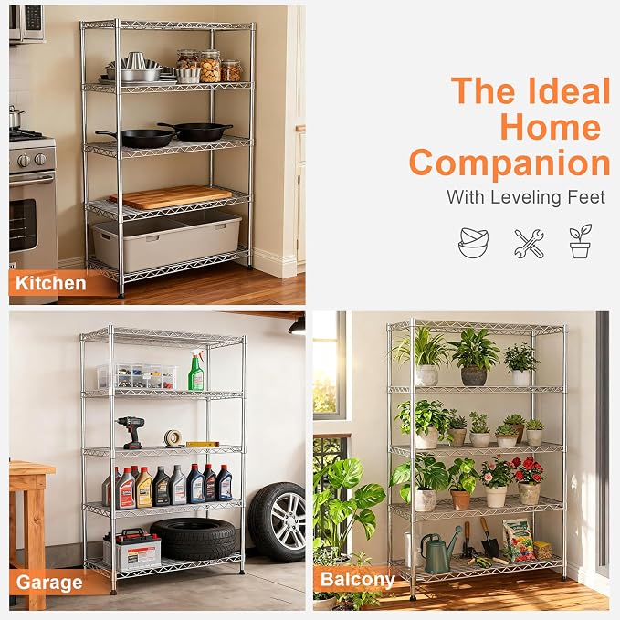 5 Tier Shelving Unit,Wire Shelving with Lockable Wheels,Chrome | 30"Wx14"Dx62"H,Metal Shelf Rack,Height Adjustable Wire Rack Storage Shelving Stand for Kitchen,PantryGarage,Office,Laundry