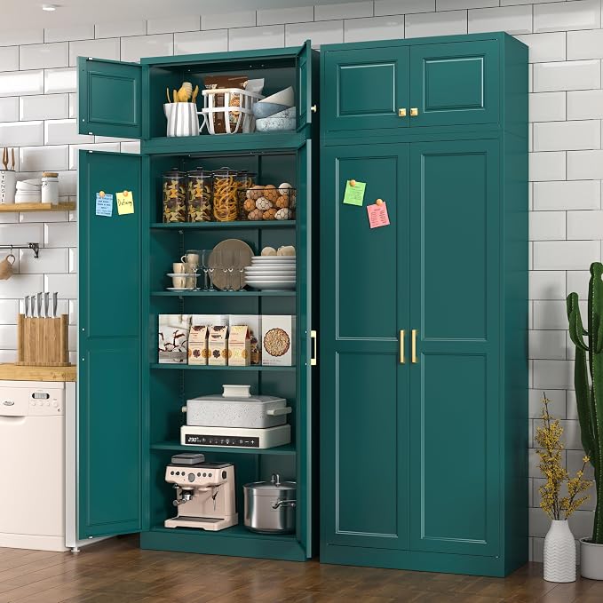 Polup 86" Tall Metal Kitchen Pantry Storage Cabinet with Doors and Shelves | Heavy-Duty Green Cabinet, 4 Adjustable Shelving, Gold Handles, Magnetic Latch, for Dining Living Room, Bathroom & Garage
