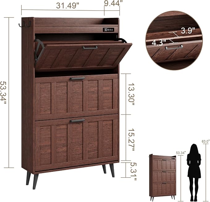 ChooChoo Shoe Storage Cabinet with 3 Flip Drawers and Deodorizer | Shoe Organizer Storage for Entryway, Freestanding Hidden Slim Narrow Shoe Rack Cabinet, Walnut