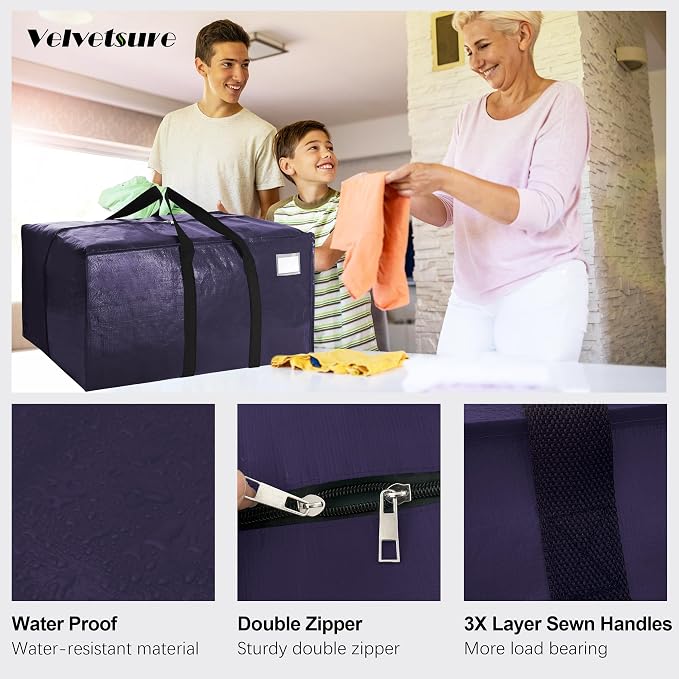 VELVETSURE Heavy Duty Extra Large Moving Bags W/Backpack Straps - Strong Handles & Zippers, Storage Totes For Space Saving, Fold Flat, Alternative to Moving Box and Storage Bin (Set of 6, Blue)