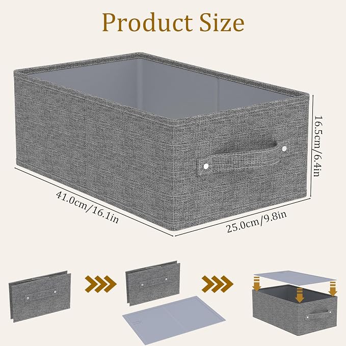 Collapsible Storage Baskets with Handles,Grey,16.1x9.8x6.4in,3 Pack | Storage Cubes with Rigid PP Panel,Organizer Boxes for Organizing,Washable Fabric Organization Bins for Frequent Access