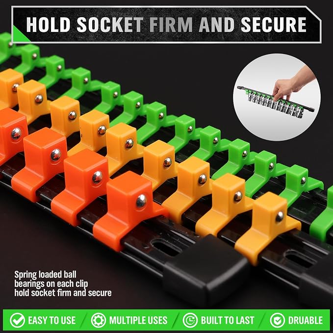 SWANLAKE Organizer Socket Holder, 9PCS 1/4-Inch x 48 Clips, 3/8-Inch x 45 Clips, 1/2-Inch x 36 Clips, Premium Quality Socket Clip Rail Holder