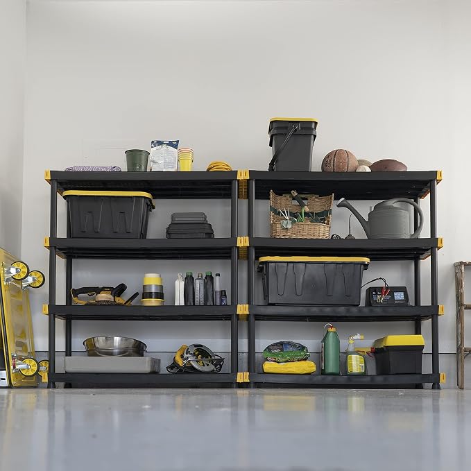 CX Heavy Duty 4-Tier Garage Storage Shelves + 4-pack 27-Gallon Bins & Lids | Garage organizing system with 4-tier shelf + 4 plastic 27-gal totes, 200 lbs/shelf, 50.1H x 48W x 20D, Black & Yellow